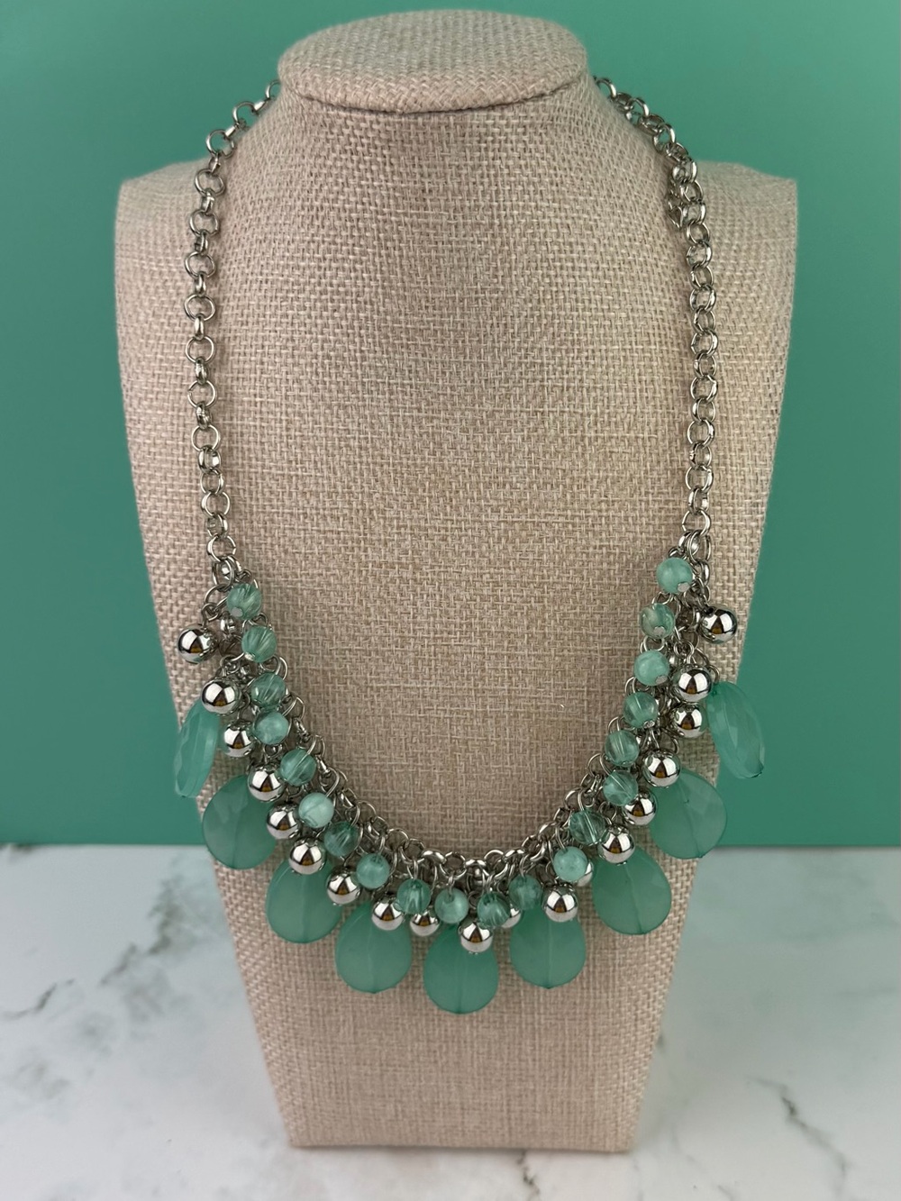 Y2K Revival Seafoam Green Bead & Silver Ball Fringe Statement Necklace